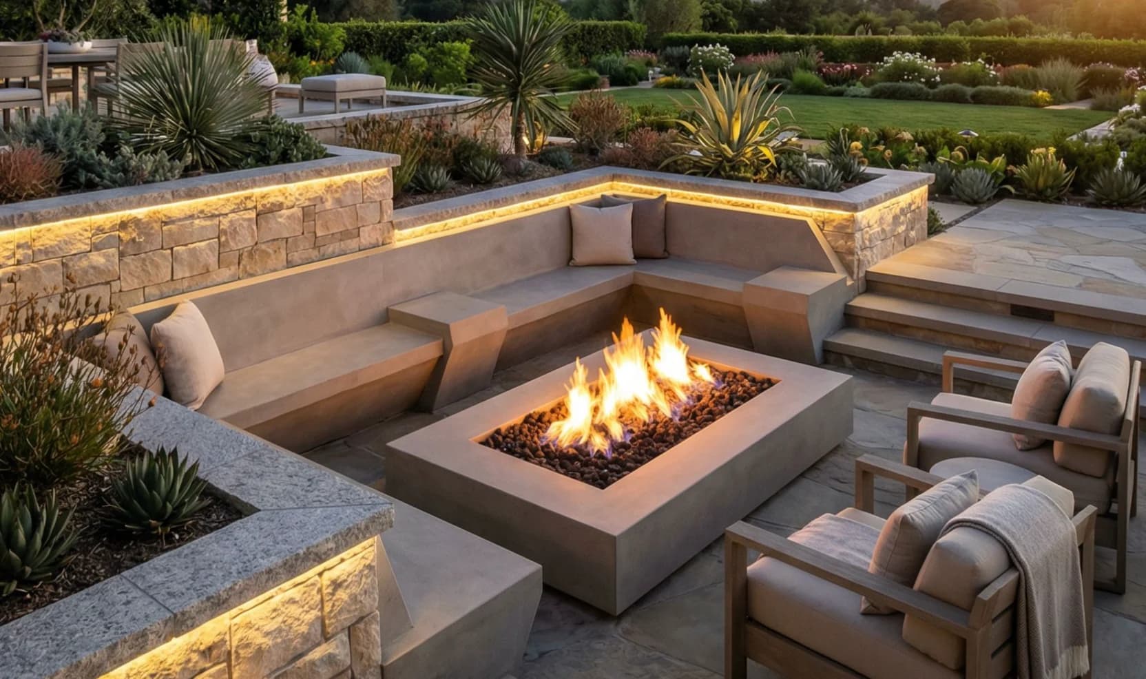 Sunken fire court ringed by dry-stacked stone seat walls