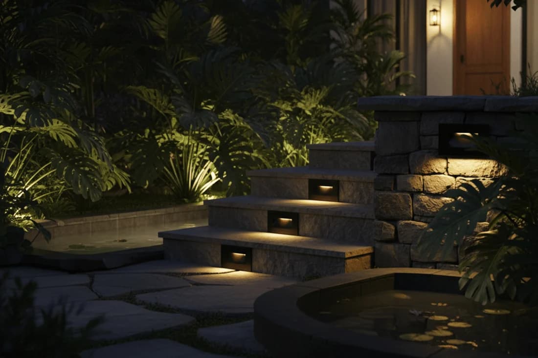 Granite entry stair with concealed lighting under each tread