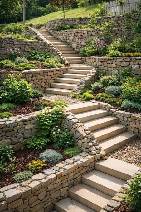 Three stepped retaining terraces with planting shelves