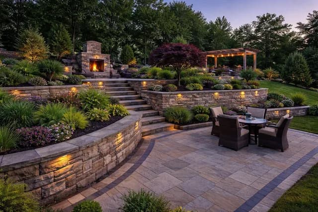Elevated stone terrace under a cedar pergola at dusk